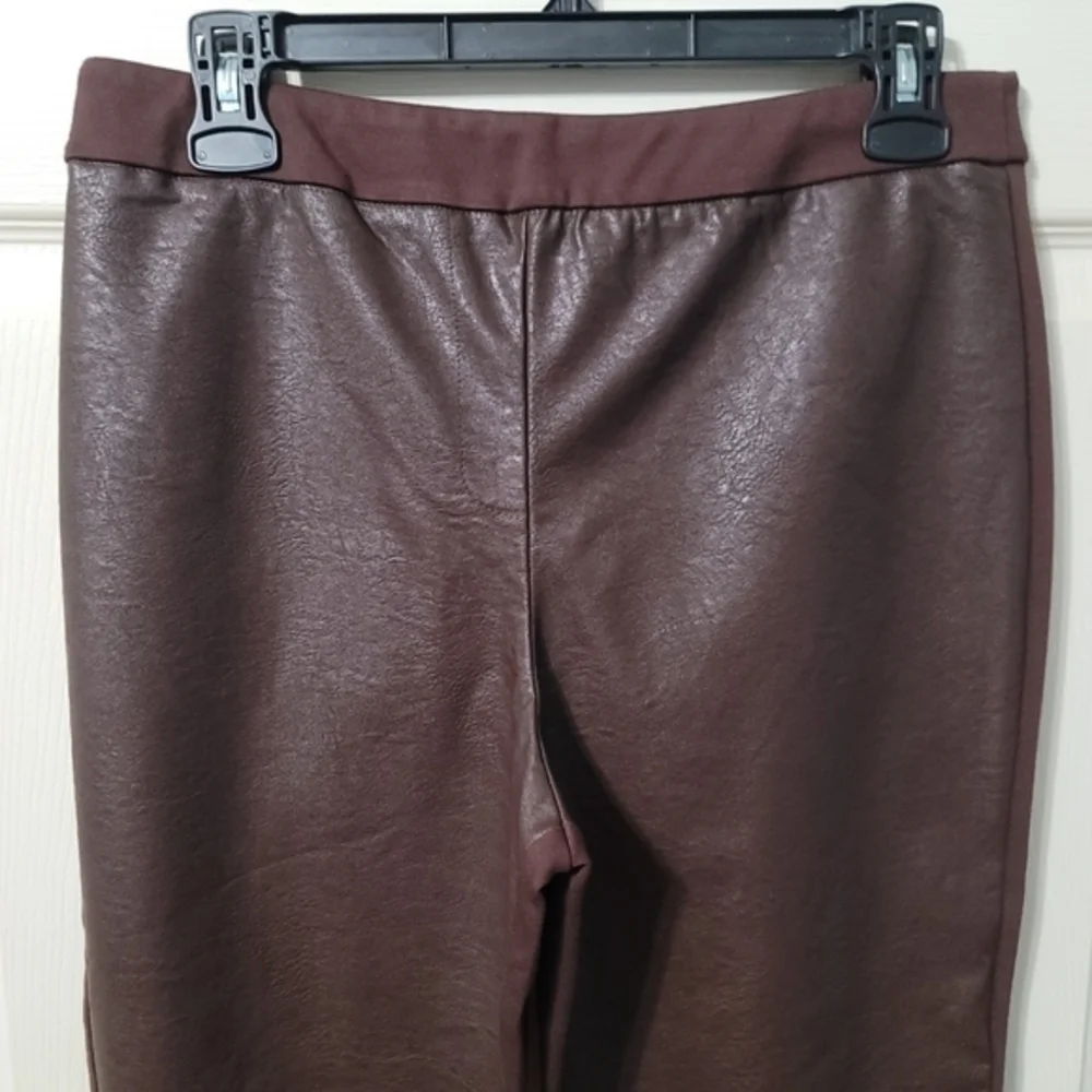 Joan Rivers Women's Petite Pants S/P Signature Knit Faux Leather‎ Brown a461883